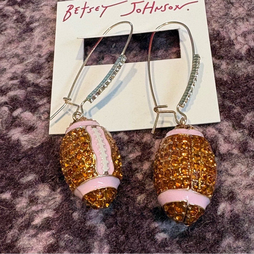 NEW Betsey Johnson Gold and White Football Dangle Superbowl Earrings NWT Sparkly
